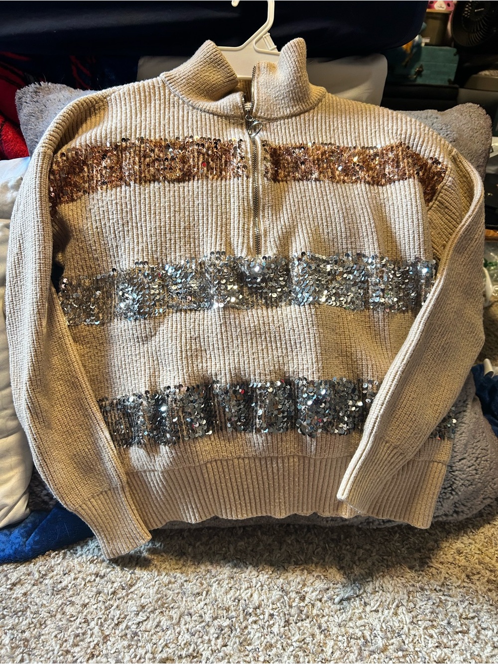 Nine West Cream Half-Zip Sweater with Gold & Silver Sequin Stripes